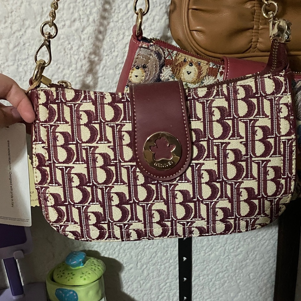 Burgundy and Cream Monogram Shoulder Bag